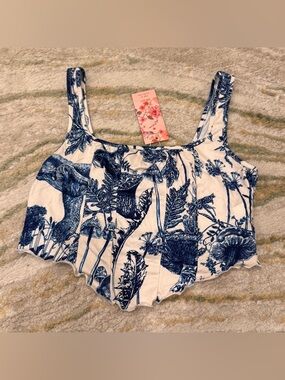 Blue and White Crop Tank with Blue Botanical Print